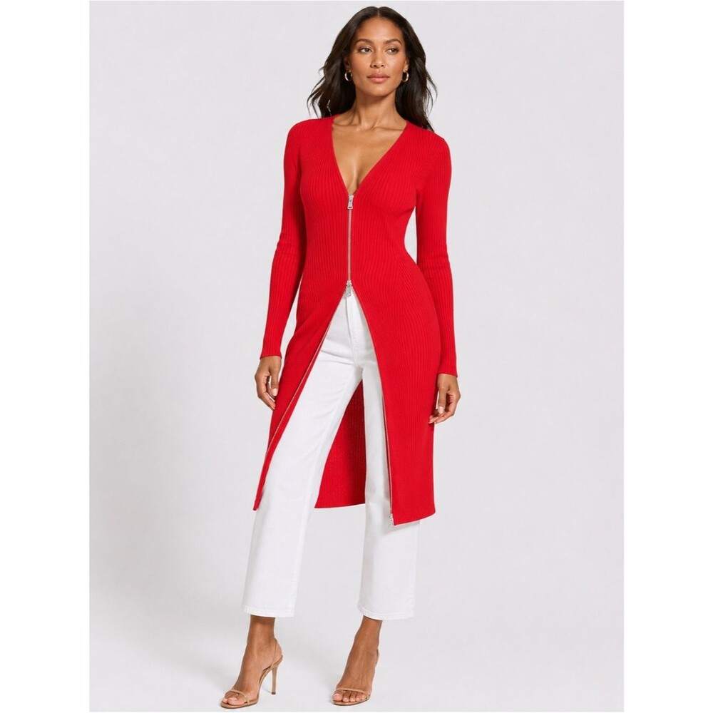 DKNY Ribbed Knit Two Way Zip Cardigan Dress Long Duster Long Sleeve Red XS NEW